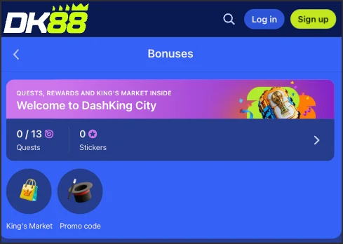 DK88 bonuses screen listing the welcome pack components