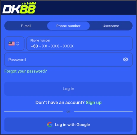 DK88 login screen with username and password fields