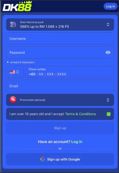 DK88 site menu open on mobile with the sign-in link visible