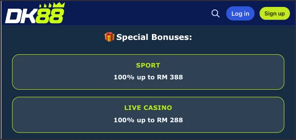 DK88 special bonuses screen showing activation toggles