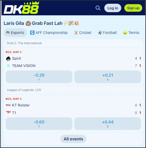 DK88 sportsbook screen with football and basketball betting markets