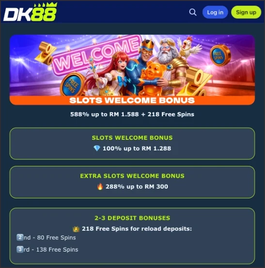 DK88 welcome bonus screen showing the slots, free spins, sport and live casino components